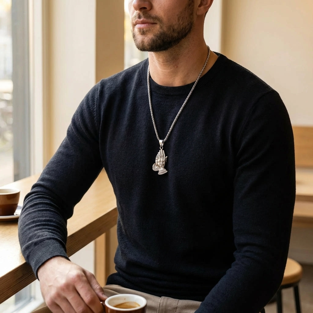 STAVR Cafe — Praying Hands Iced Pendant — Silver