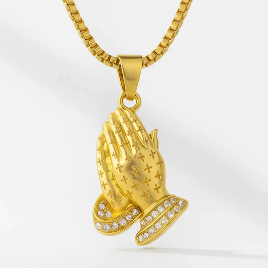 Praying Hands Iced Men's Pendant — 18K Gold
