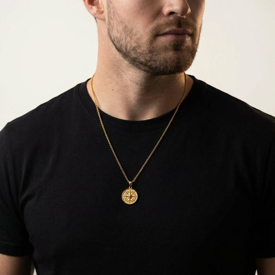 STAVR Onmodel — Compass Mini Pendant — 18K Gold