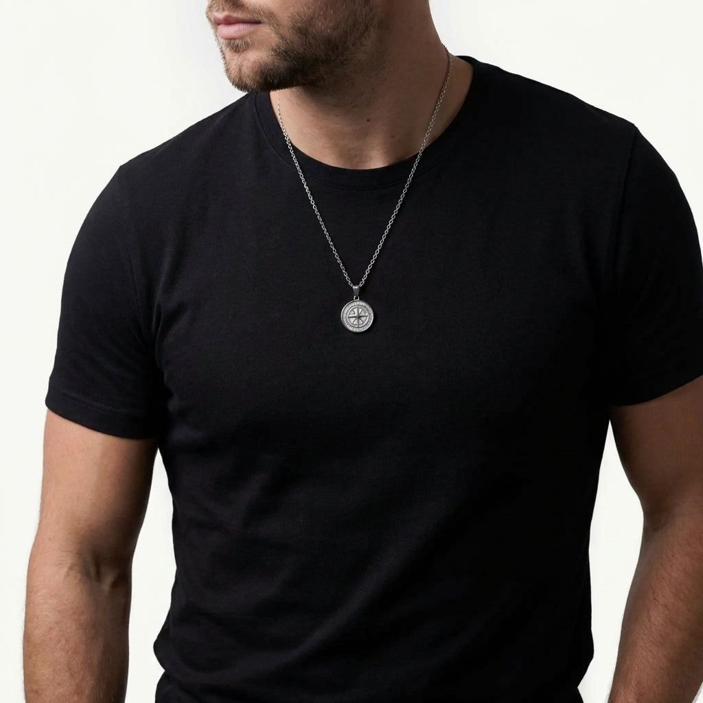 STAVR Onmodel — Compass Mini Pendant — Silver
