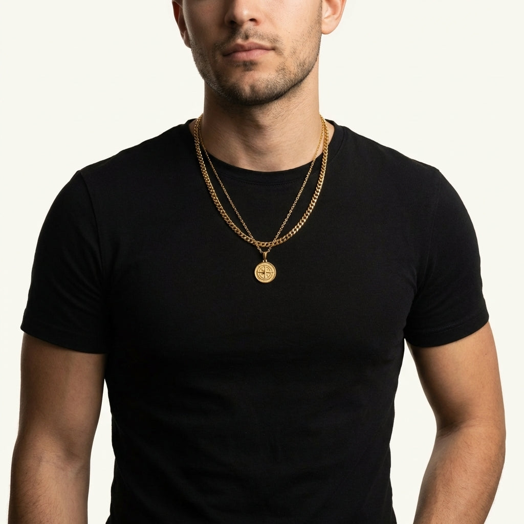STAVR Onmodel — Compass × Cuban Link Set — 18K Gold