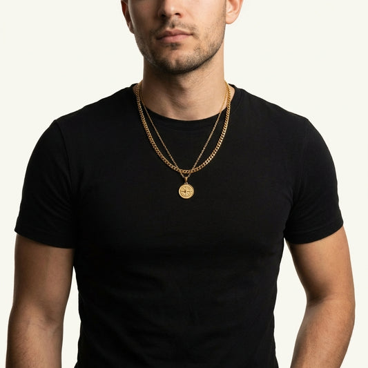 STAVR Onmodel — Compass × Cuban Link Set — 18K Gold