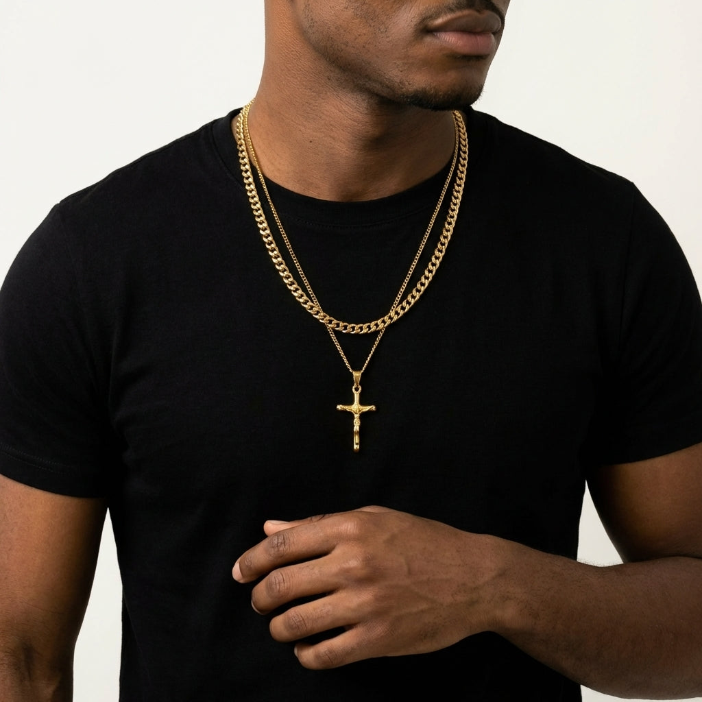 STAVR Onmodel — Cross × Cuban Link Set — 18K Gold