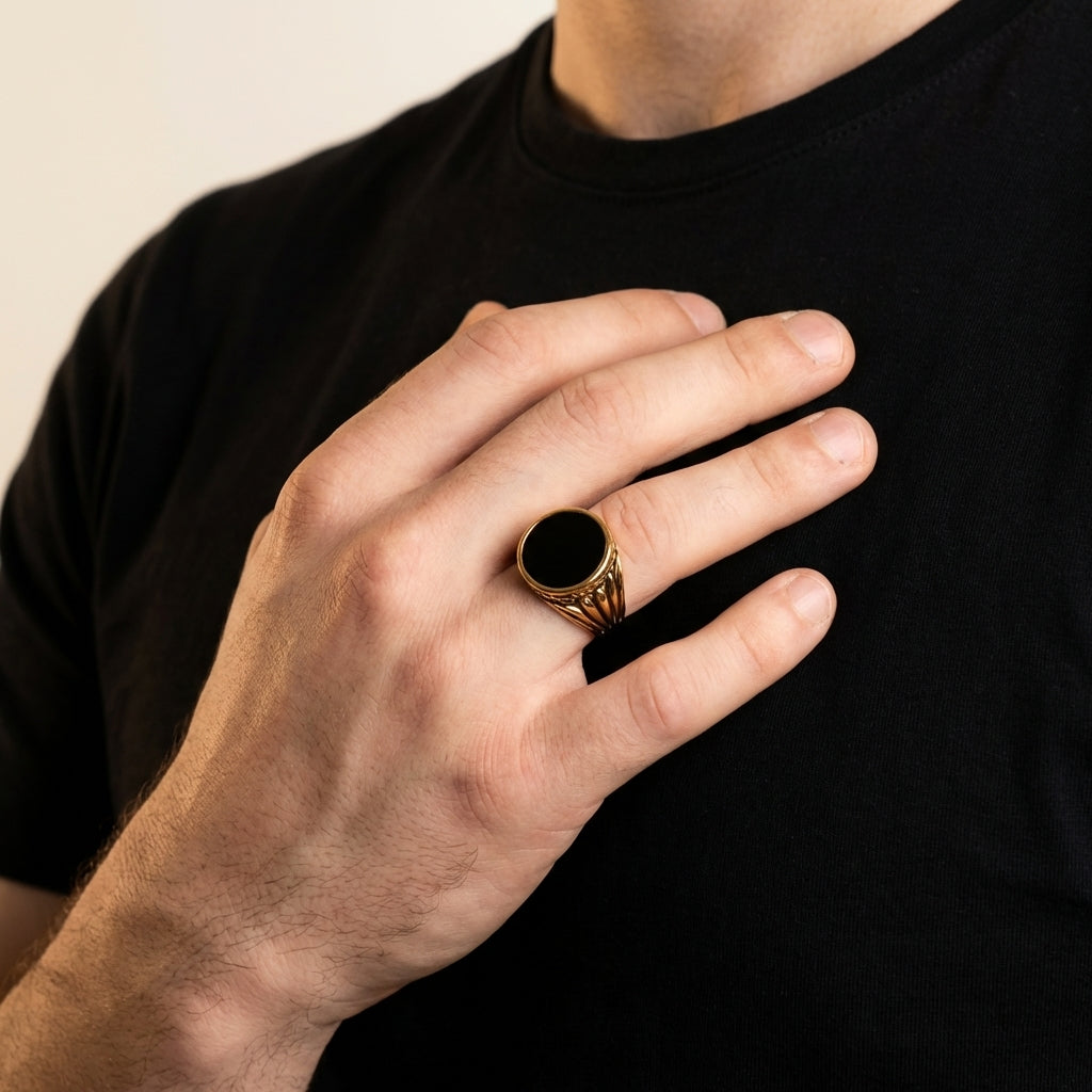 STAVR Onmodel — Onyx Signet Ring — 18K Gold