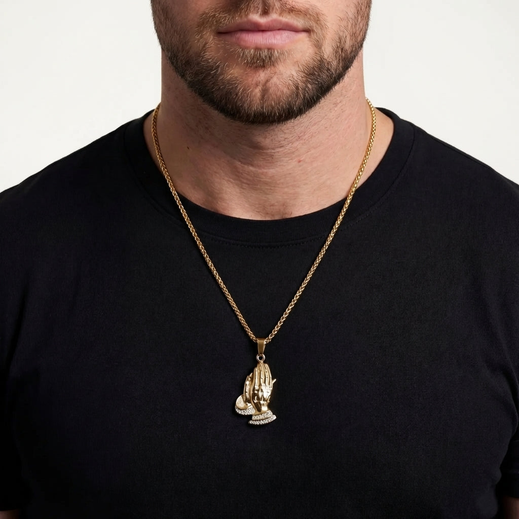 STAVR Onmodel — Praying Hands Iced Pendant — 18K Gold