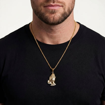 STAVR Onmodel — Praying Hands Iced Pendant — 18K Gold
