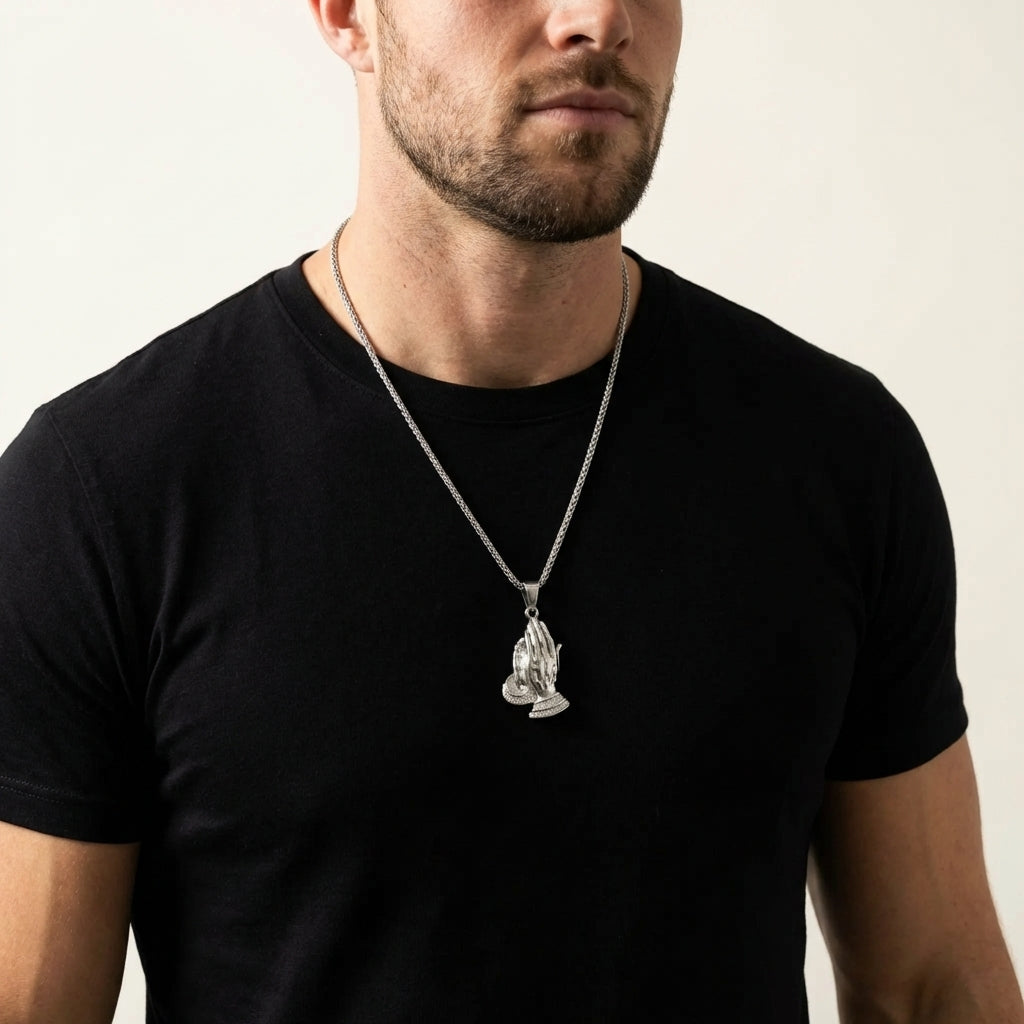 STAVR Onmodel — Praying Hands Iced Pendant — Silver