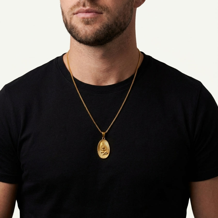 STAVR Onmodel — Praying Hands Pendant — 18K Gold