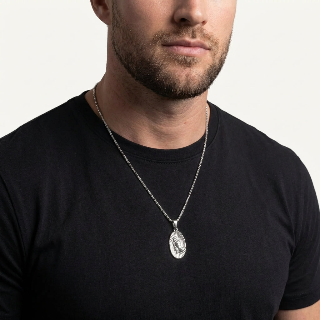 STAVR Onmodel — Praying Hands Pendant — Silver