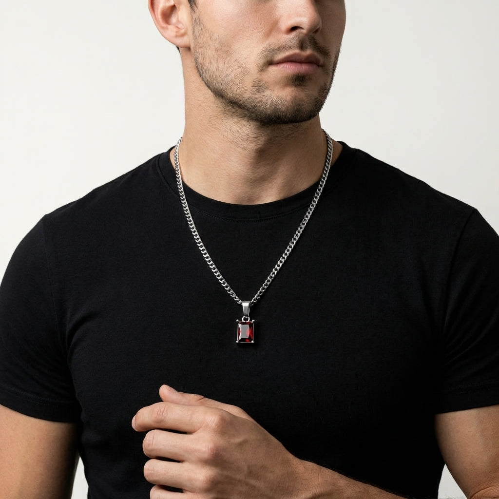 STAVR Onmodel — Red Onyx Necklace — Silver