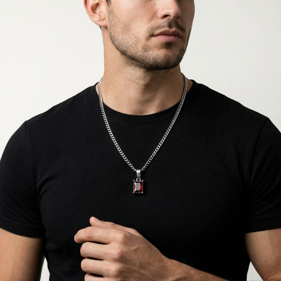 STAVR Onmodel — Red Onyx Necklace — Silver