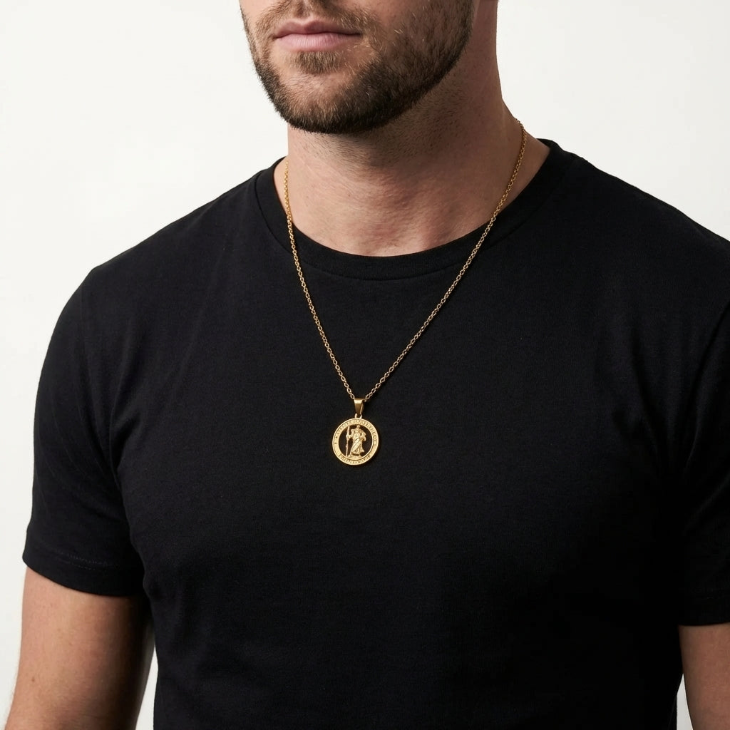 STAVR Onmodel — Saint Christopher Pendant — 18K Gold