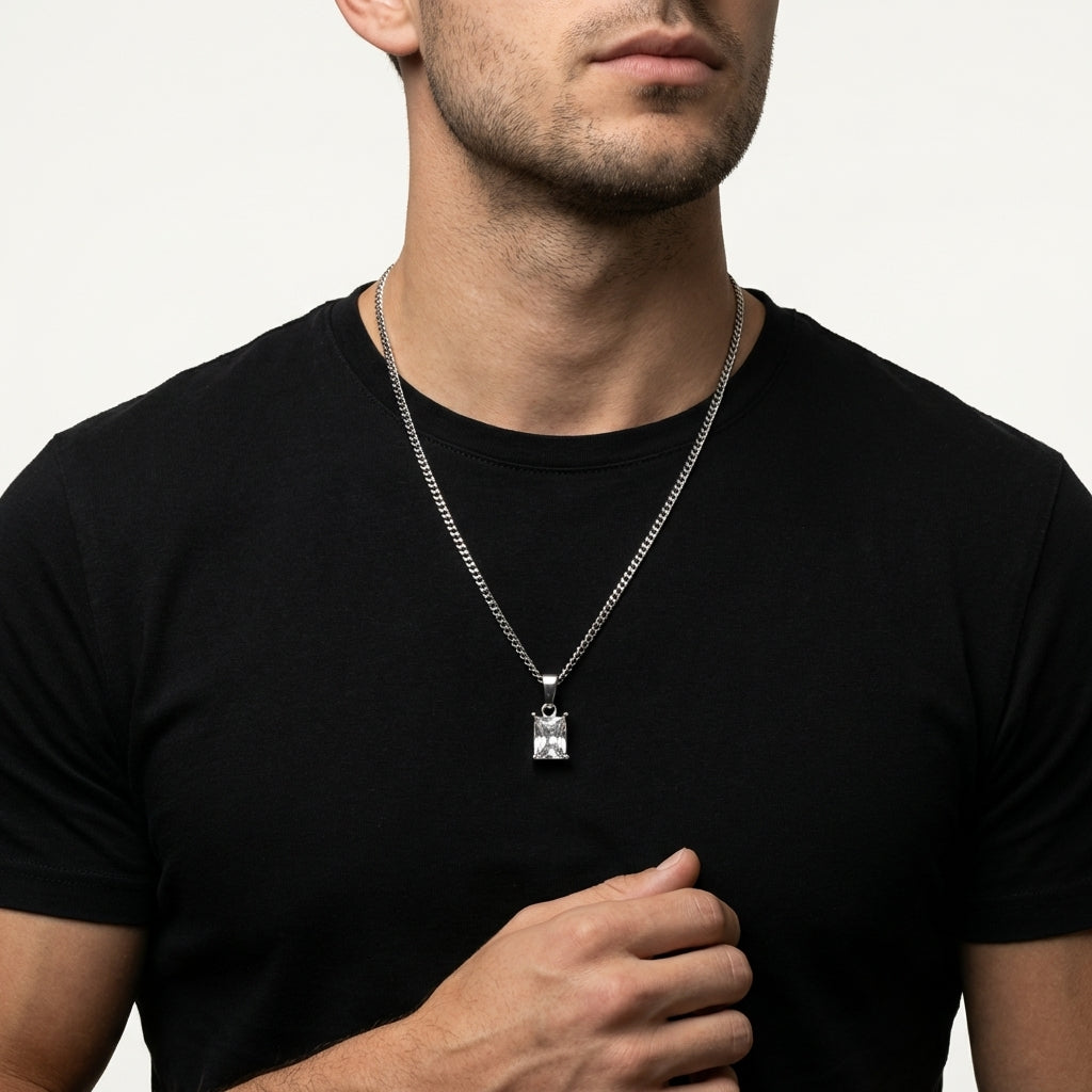 STAVR Onmodel — Silver Onyx Necklace — Silver