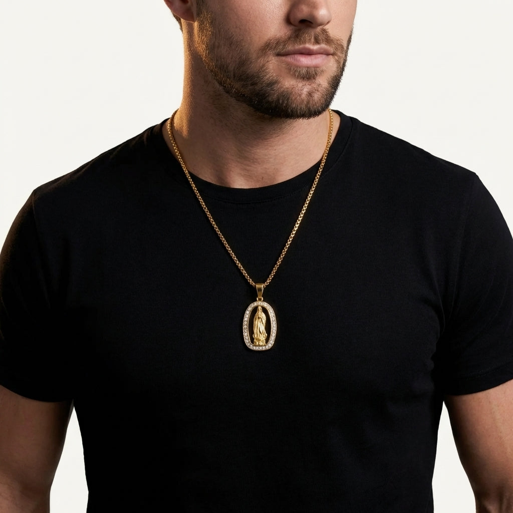 STAVR Onmodel — Virgin Mary Iced Pendant — 18K Gold