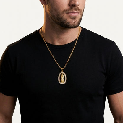 STAVR Onmodel — Virgin Mary Iced Pendant — 18K Gold