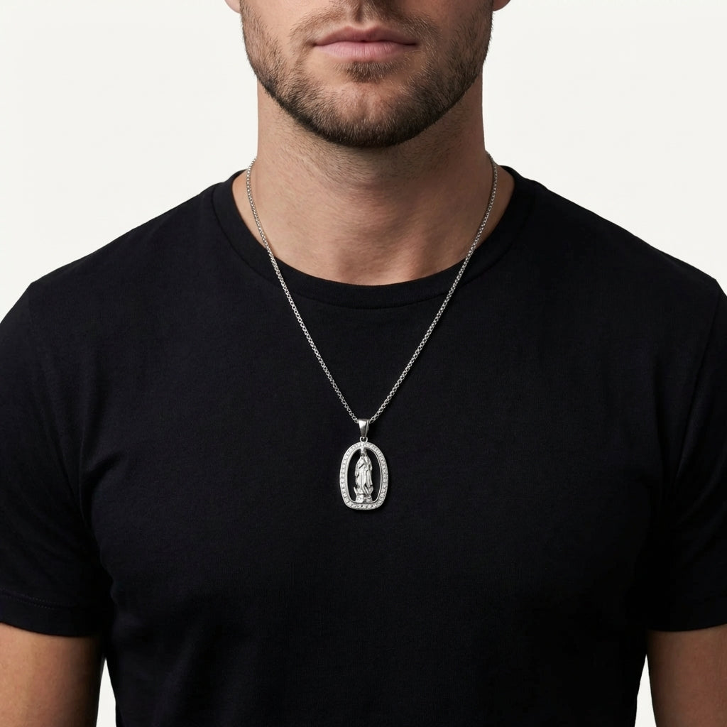 STAVR Onmodel — Virgin Mary Iced Pendant — Silver