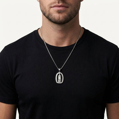 STAVR Onmodel — Virgin Mary Iced Pendant — Silver