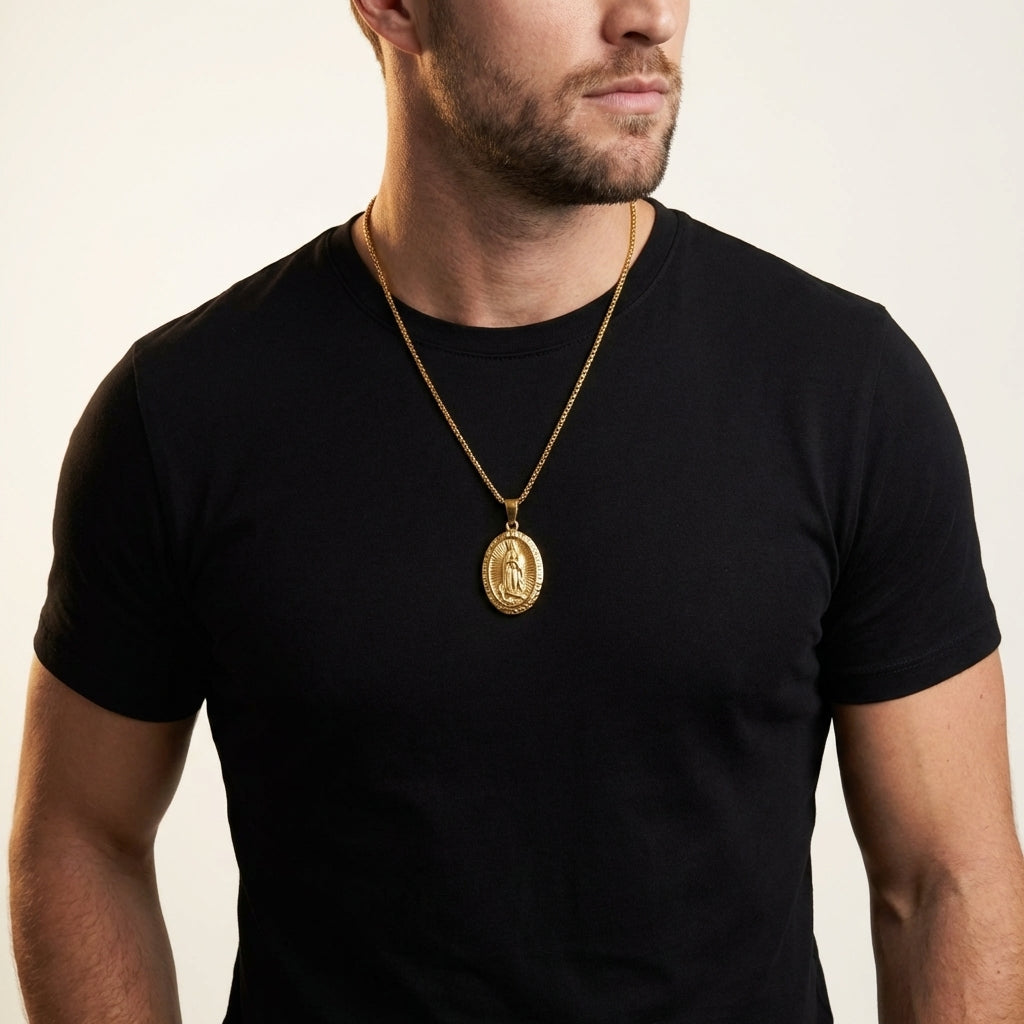 STAVR Onmodel — Virgin Mary Pendant — 18K Gold