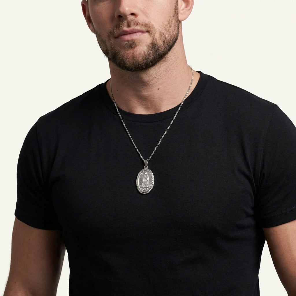 STAVR Onmodel — Virgin Mary Pendant — Silver