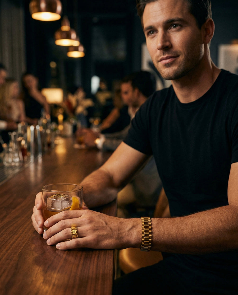 Presidential Ring Set — 18K Gold lifestyle photo - editorial mens jewelry
