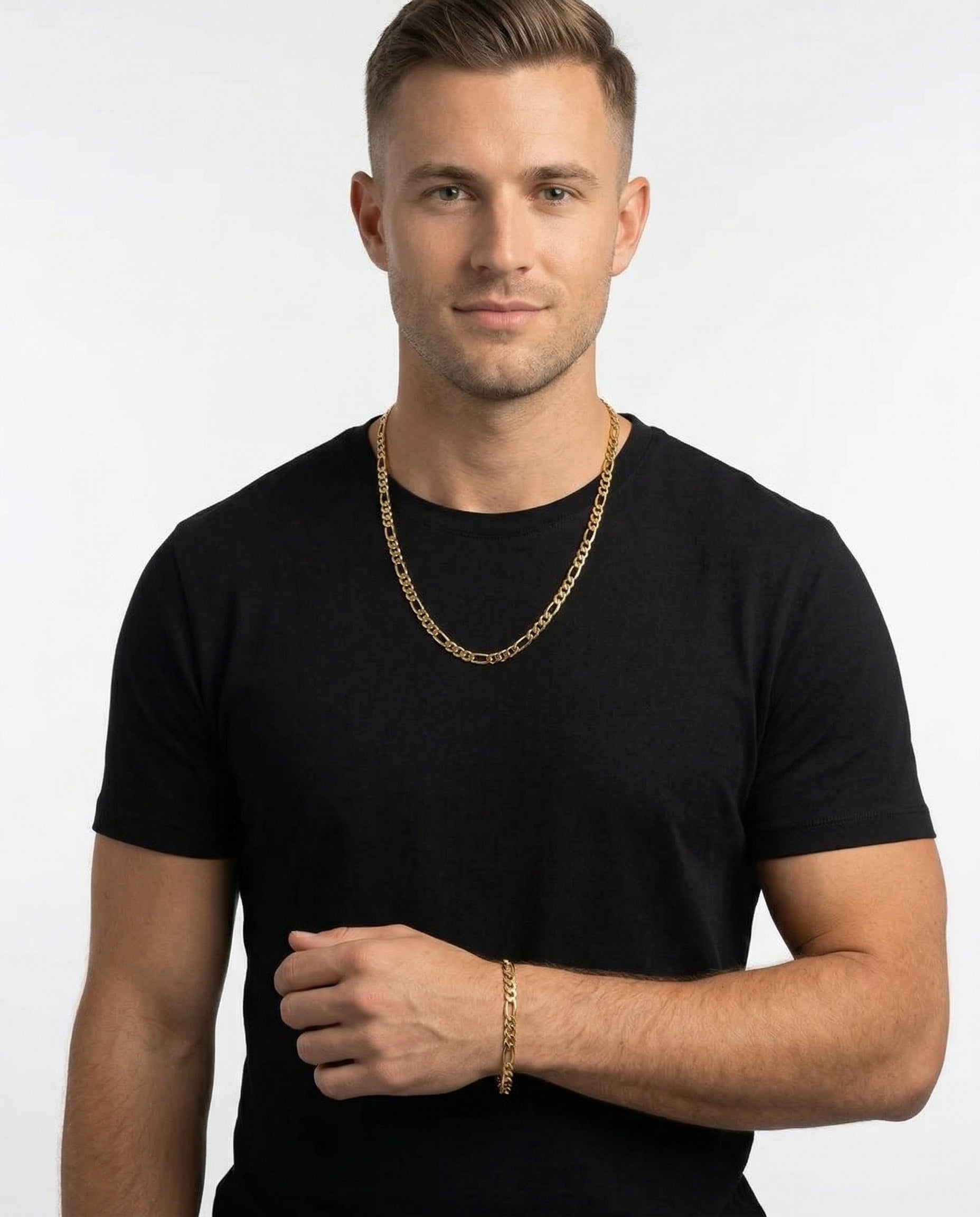 Figaro 5MM Set — 18K Gold worn by model - on-model product shot