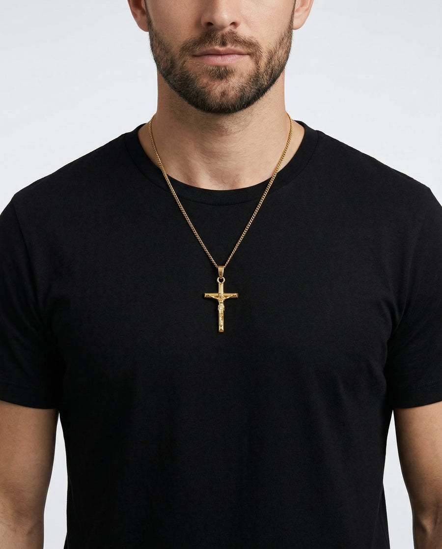 Cross Mini Pendant — 18K Gold worn by model - on-model product shot
